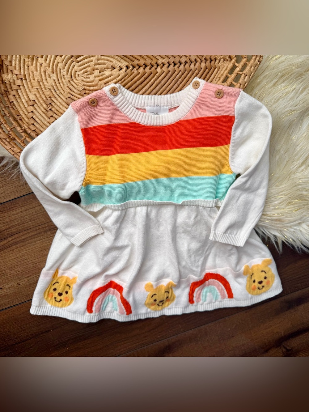 Disney Baby Winnie the Pooh White Multi- Stripe Knit Dress Size 12-18 Months